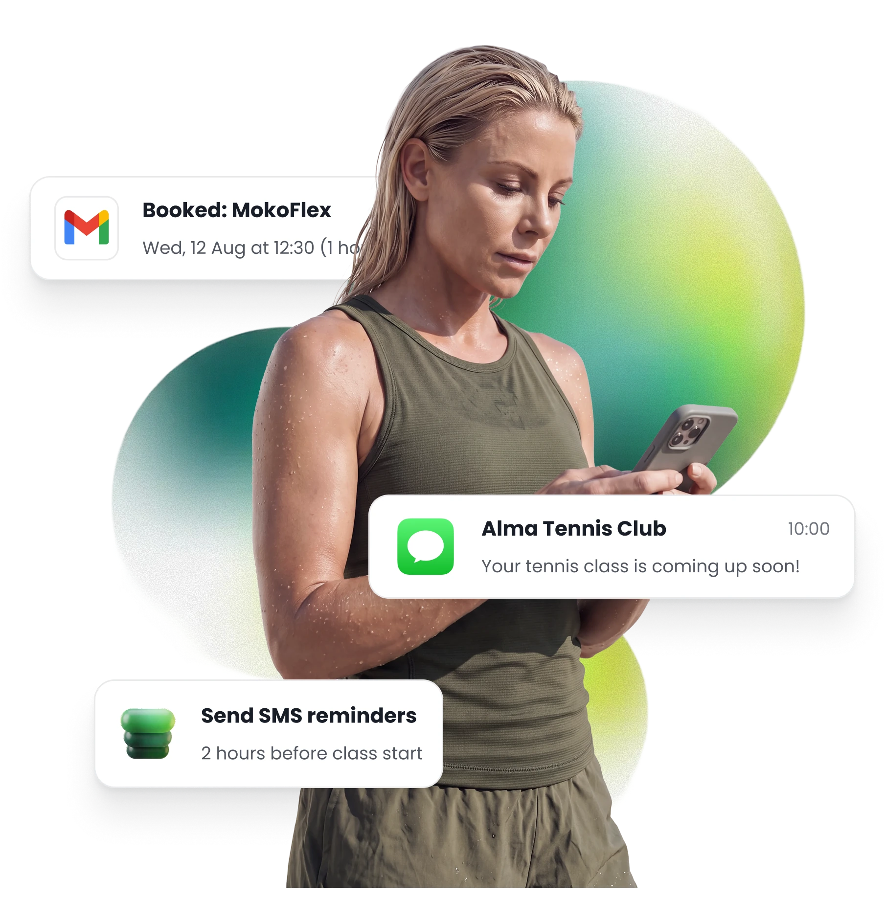 A customer checking their phone, with the messages their studio sent around them: a booking confirmed by email, and a class reminder arriving as a text two hours before the class.