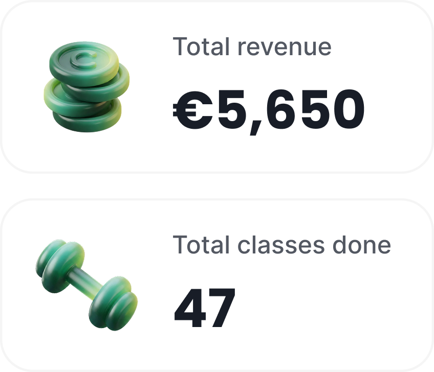 Two cards from the admin home screen: the month’s takings, and how many classes have run.