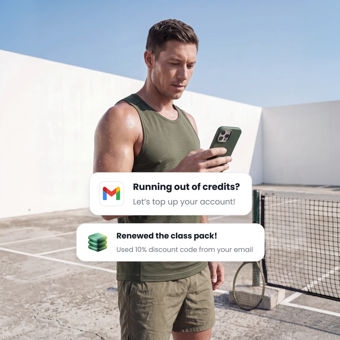 A customer on a tennis court reading the low credits email, and the class pack renewal made with the discount code it carried.