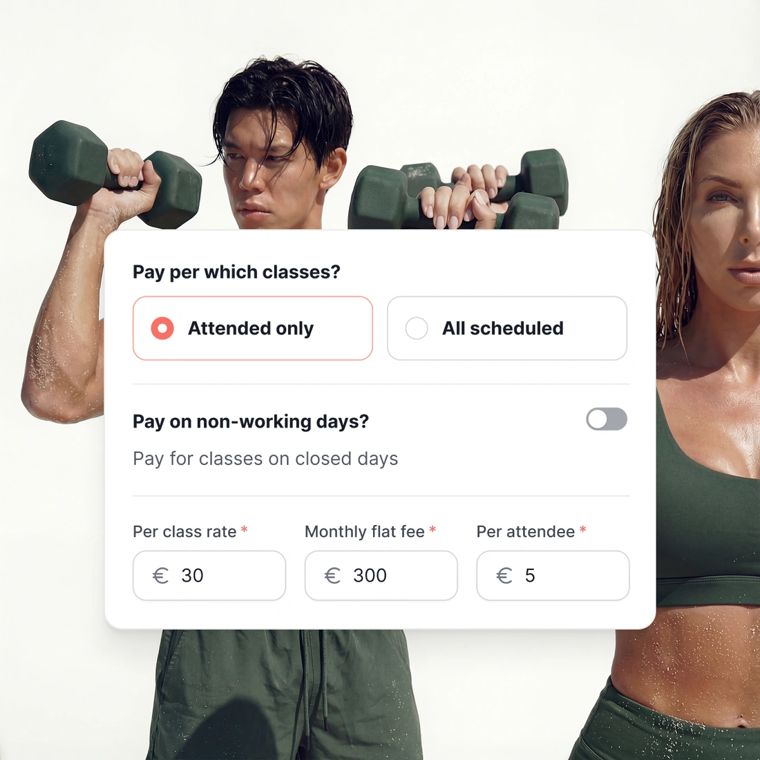 Pay rules for one instructor: paid on attended or scheduled classes, whether closed days are paid, and the rates.