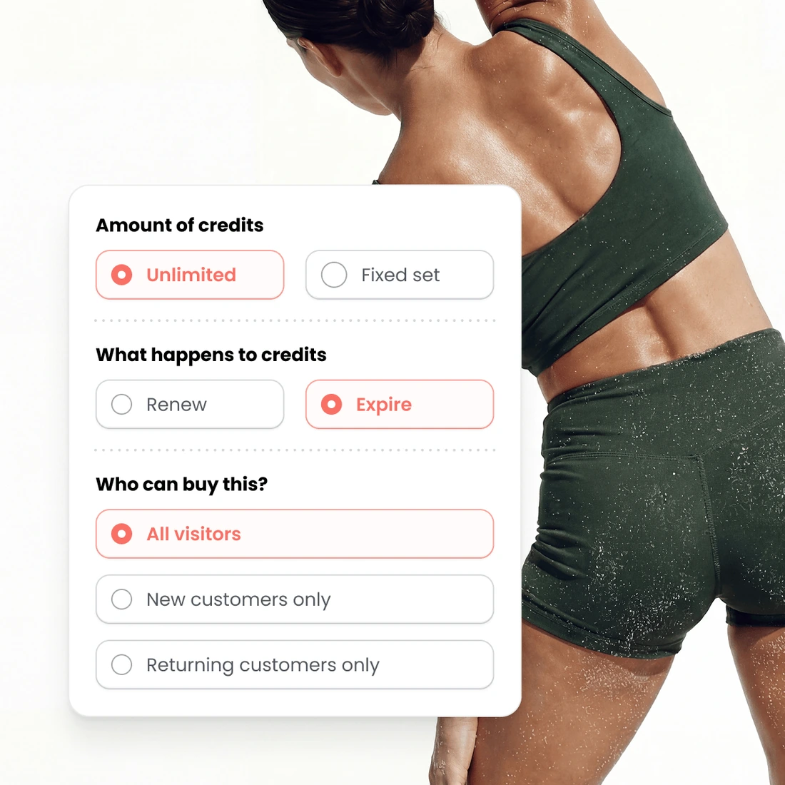 The three choices a membership is built from, with an answer picked for each: unlimited credits, credits that expire, and a plan all visitors can buy rather than only new or only returning customers.