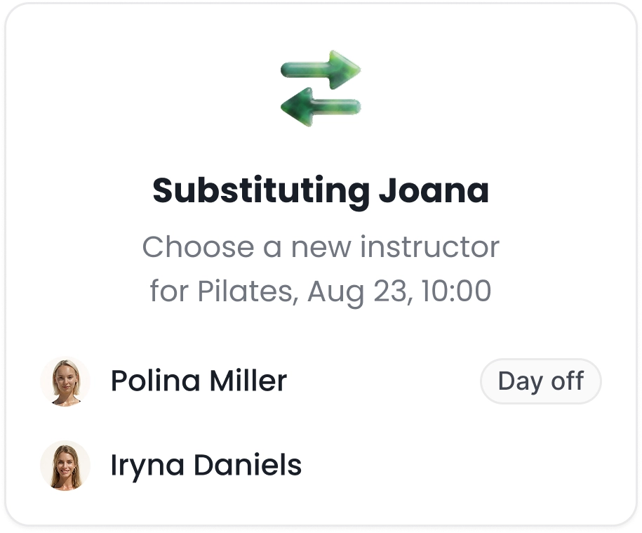 A panel for putting another instructor on one class, listing who is free and who has the day off.