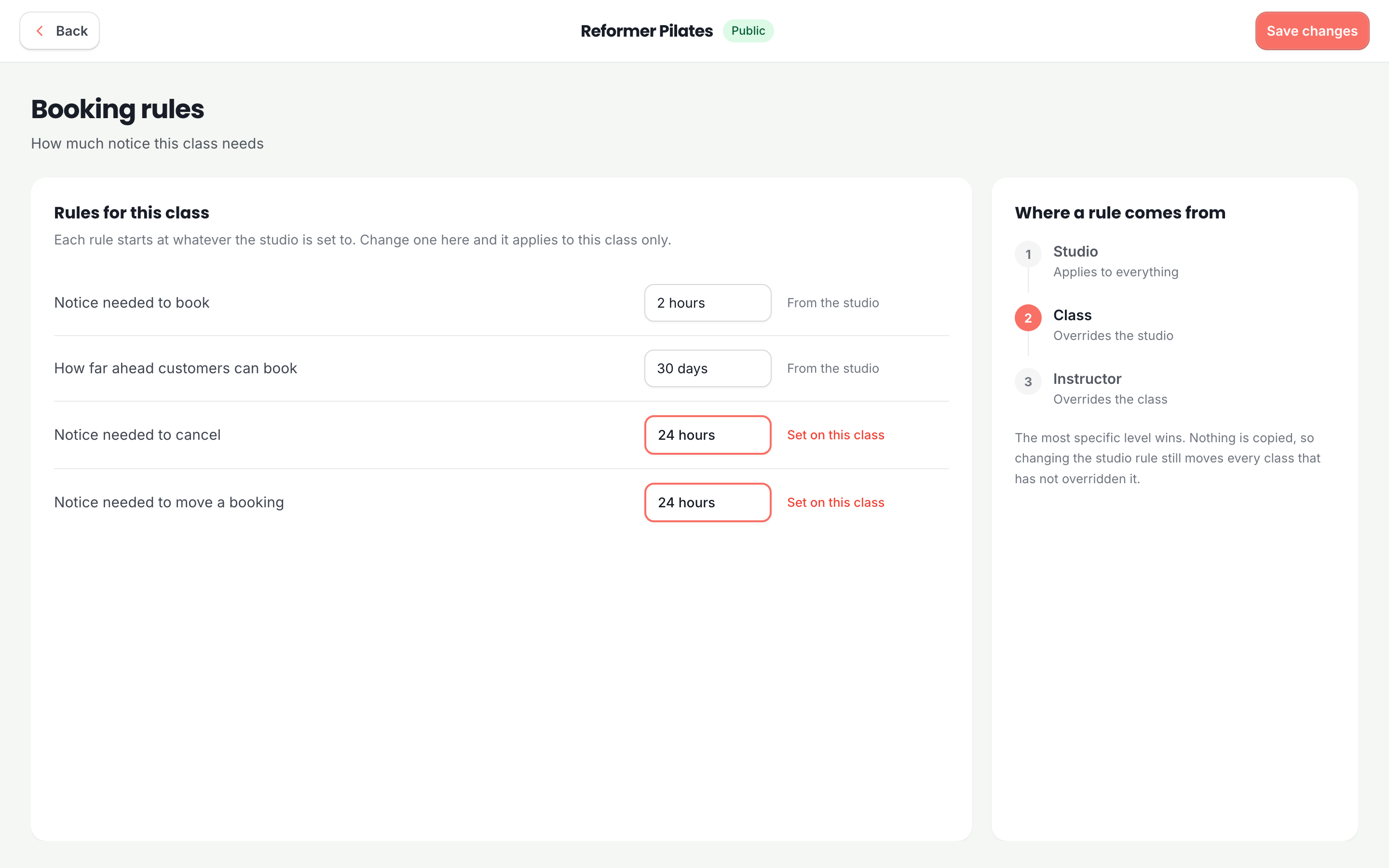 Booking rules for a class, showing how close to the start a customer may book and how close they may cancel.