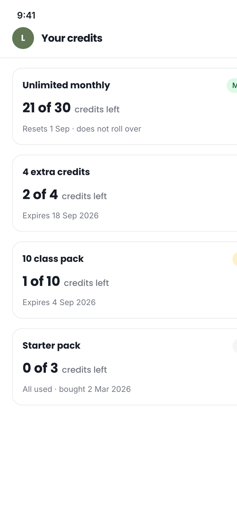 A customer’s own page on a phone, showing the credits left on their pack and when they expire.