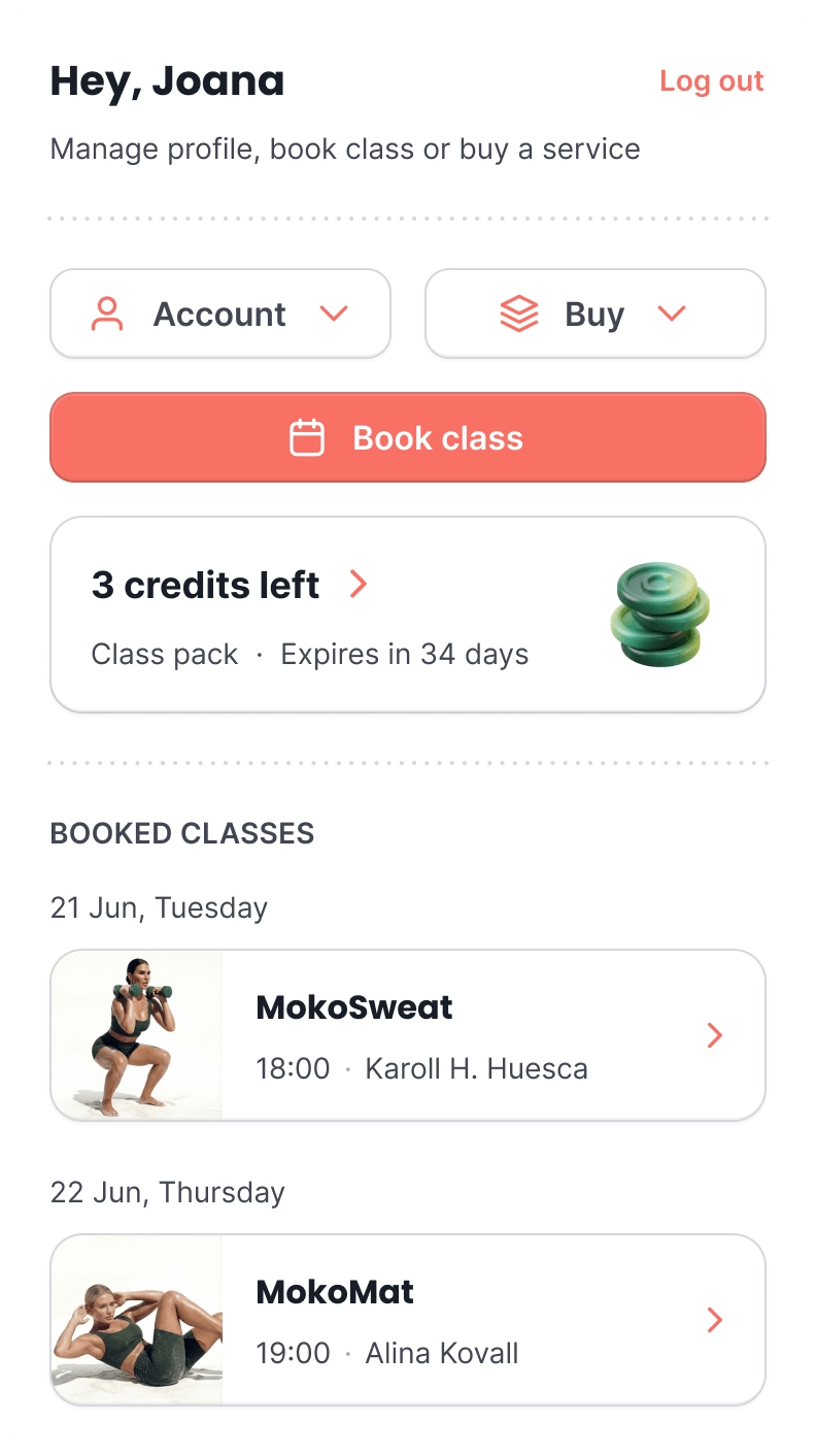 The same studio on a phone, showing a customer’s own page with the credits left on their class pack and the classes they have booked.