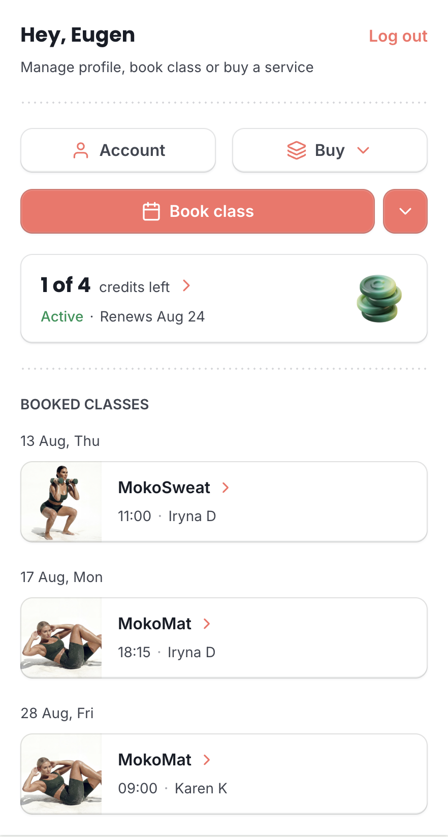 The same studio on a phone, showing a customer’s own page with the credits left on their class pack and the classes they have booked.