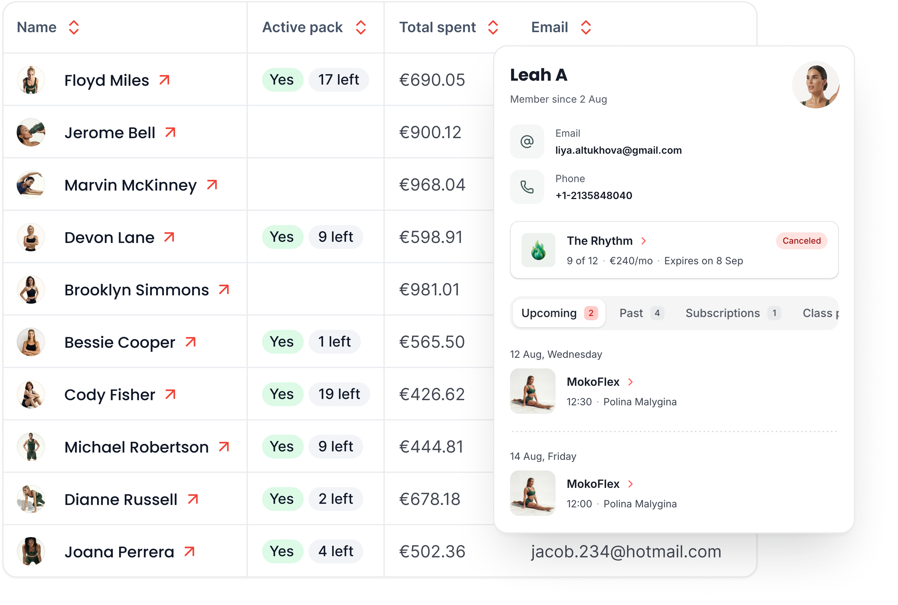The customer list with each customer’s total spent and class pack, and one customer’s page open beside it.