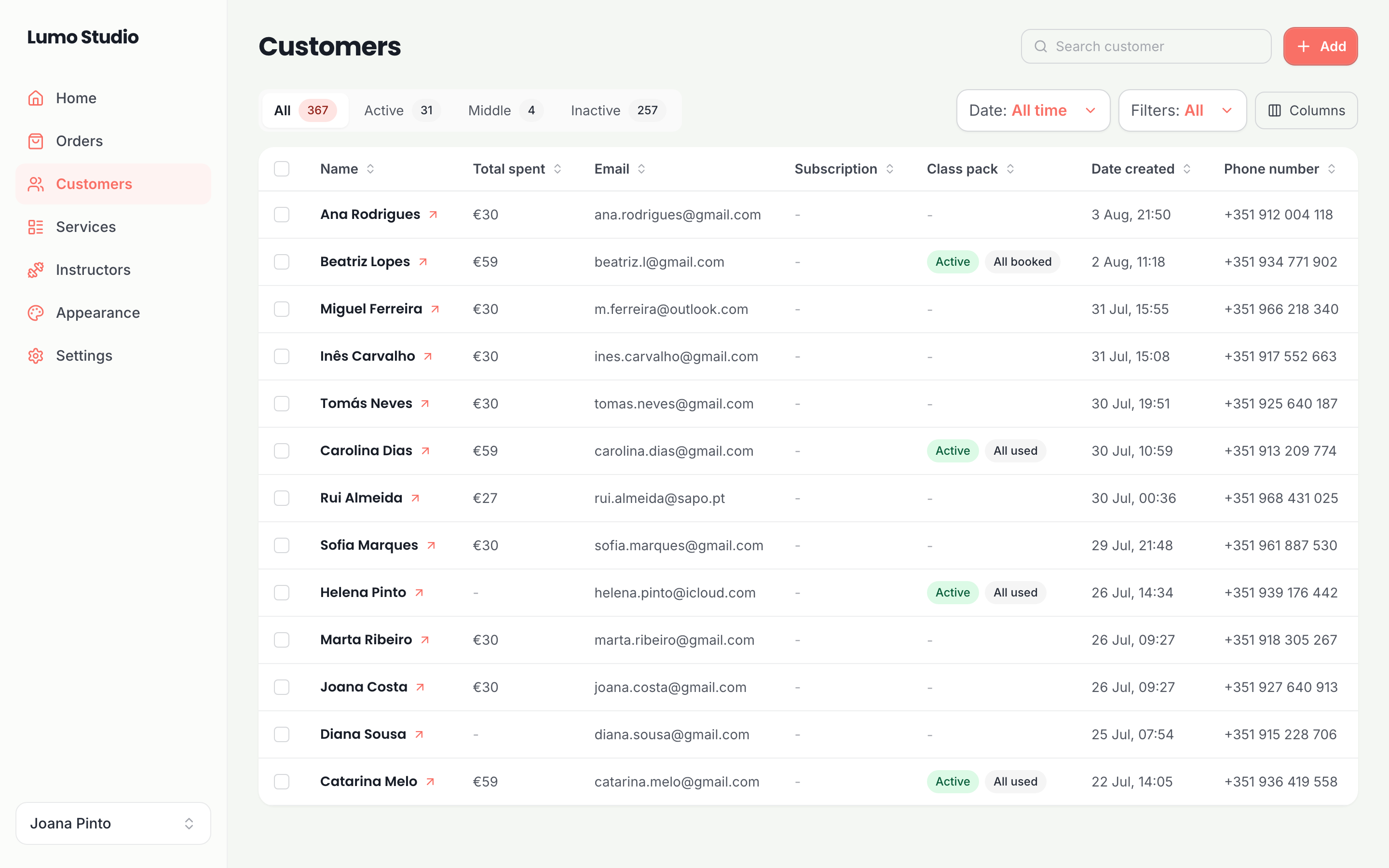 The customer list, with each person’s bookings, credits and the pack or membership behind them.
