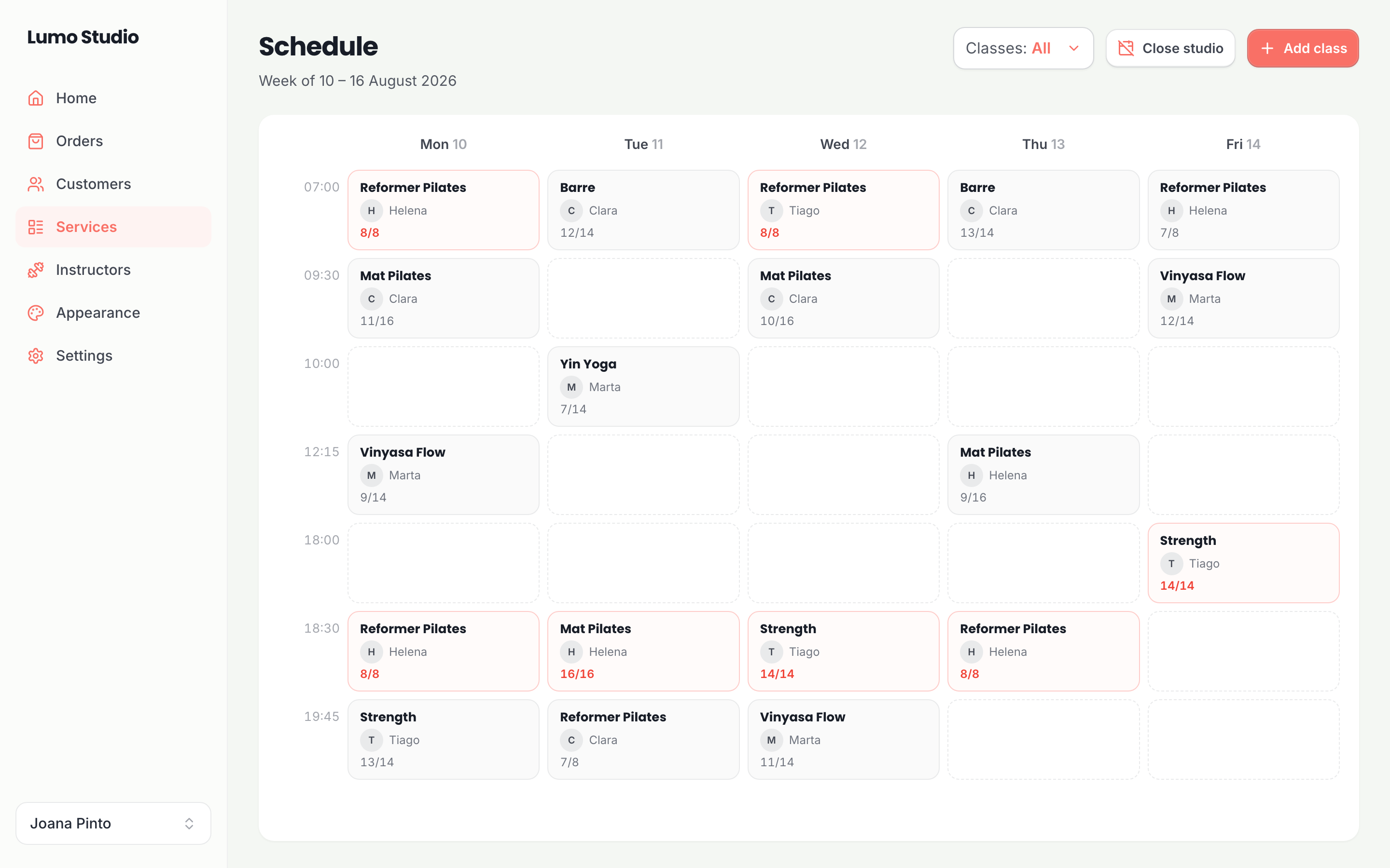 A studio’s weekly schedule, with each class repeating on its own day and time.
